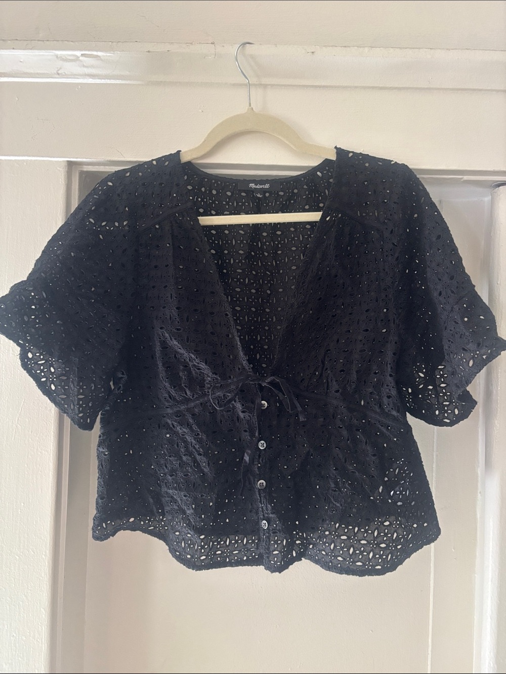 Madewell Black Eyelet Tie-Front Button Blouse